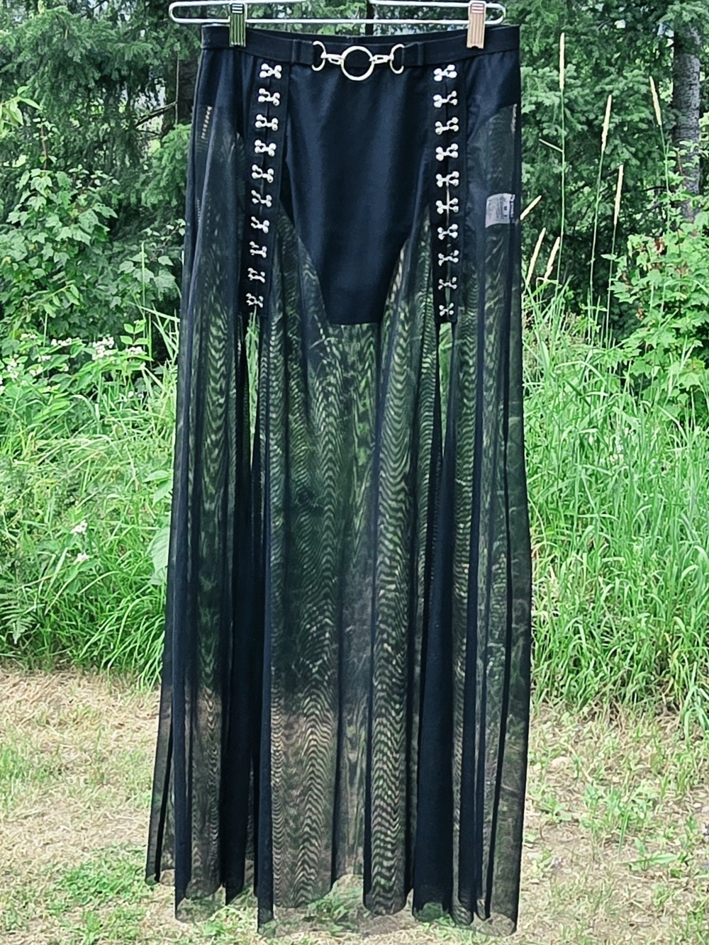 Gothic Black Sheer Mesh Double Slit Hook & Eye Maxi Skirt